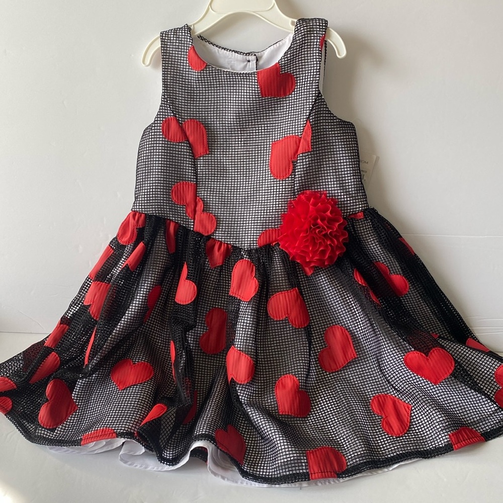 Pippa & Julie Nordstrom Girl's Red Heart Flower Black Mesh S/L Dress Size 4 New